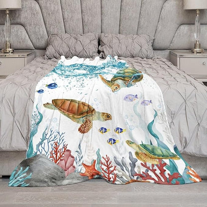 Sea Turtle Throw Blanket, Teal Blue Ocean Underwater Animal Starfish Fish Nautical Coastal Theme Fleece Flannel Blanket for Couch Sofa Bedroom Adults Kids, 40"x50"