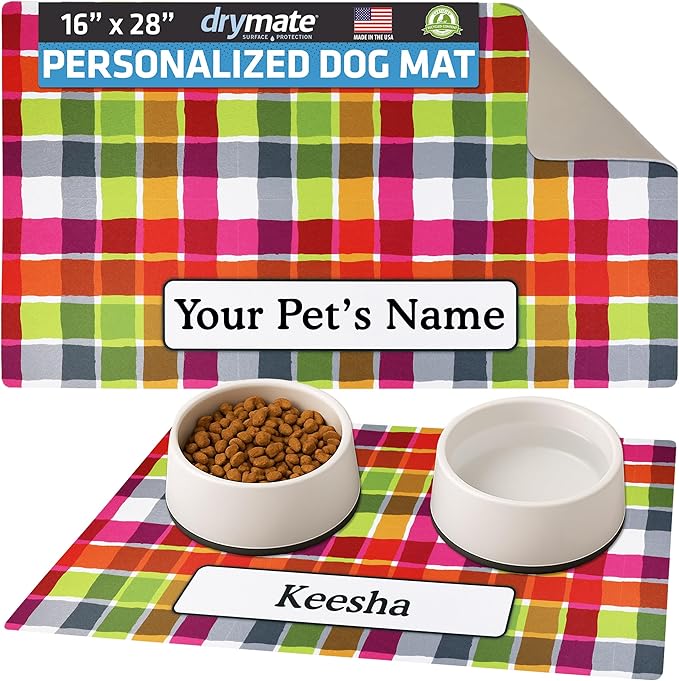 Drymate Personalized Pet Bowl Placemat, Custom Dog & Cat Food Feeding Mat - Absorbent Fabric, Waterproof Backing - Machine Washable/Durable (USA Made) (16" x 28") (Pink Plaid)