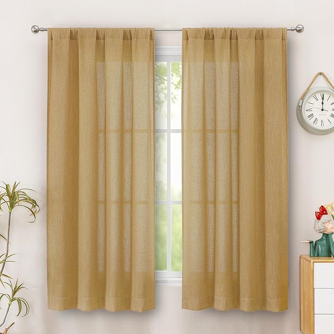 Simplebrand Gold Faux Linen Textured Curtains 63 Inch Length 2 Panels for Bedroom, Semi Sheer Light Filtering Privacy Farmhouse Curtains, Soft Thick Rod Pocket Window Drapes, 40W x 63L Inch