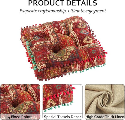 Bohemian Seat Cushion，Indoor & Outdoor 16.5" x 16.5" Seating Cushion for Dinning Chairs, Decorative with Tassels(2Pcs, Red)