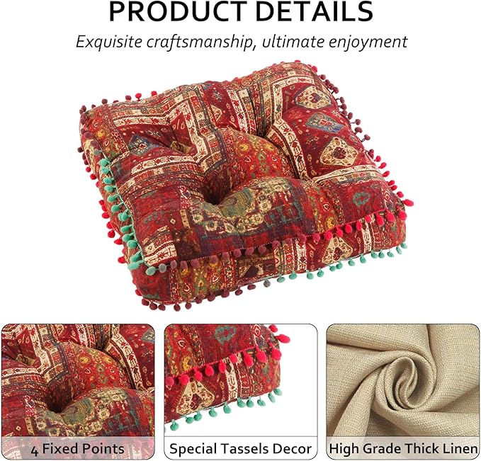 Bohemian Seat Cushion，Indoor & Outdoor 16.5" x 16.5" Seating Cushion for Dinning Chairs, Decorative with Tassels(4Pcs, Red)