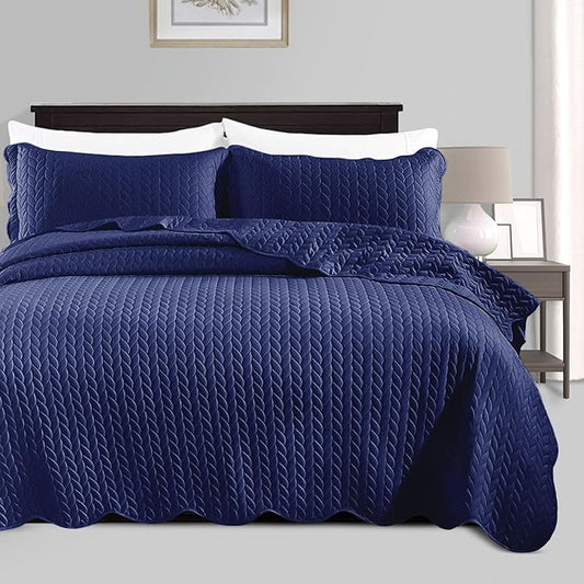 IR Imperial Rooms King Quilt Bedding Set Size (106" x 96") + 2 Pillow Shams (20" x 36"+ 2") - 3 Pcs All Season Lightweight Reversible Microfiber Coverlet Embossed Quilt Bedspread (Navy)