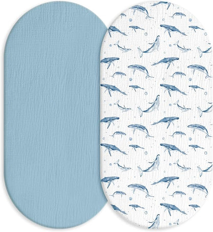Muslin Bassinet Fitted Sheets, 2 Pack for Baby Boy and Girl, Soft Breathable Baby Pad/Mattress Sheet, Fit for Hourglass Oval and Rectangle Bassinet Mattress (Blue Whale)