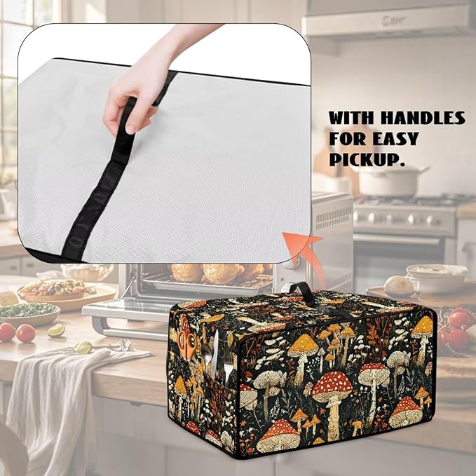 Dustproof Toaster Oven Cover Polyester-Linen Fabric Microwave Oven Dust Cover Foldable Kitchen Appliance Protector Dirt and Fingerprint Protection, Vintage Mushroom Plant Print, M