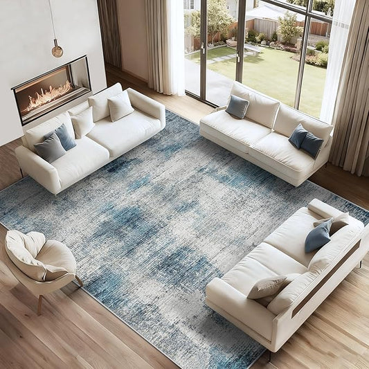 9x12 Area Rugs for Living Room: Washable Modern Abstract Rug Large Soft Non-Slip Rugs Indoor Low-Pile Carpet for Bedroom Dining Room Home Office (Blue, 9'x12')