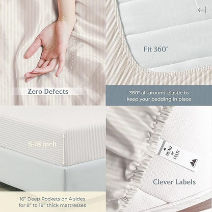 Mayfair Linen 100% Cotton Striped Sheets Twin Size Bed Set - 500 Thread Count Damask Sheets Twin Size 3 PC Set (Beige Stripe), Soft, Cooling, Sateen Hotel-Quality 16" Deep Pocket Cotton Bedsheet