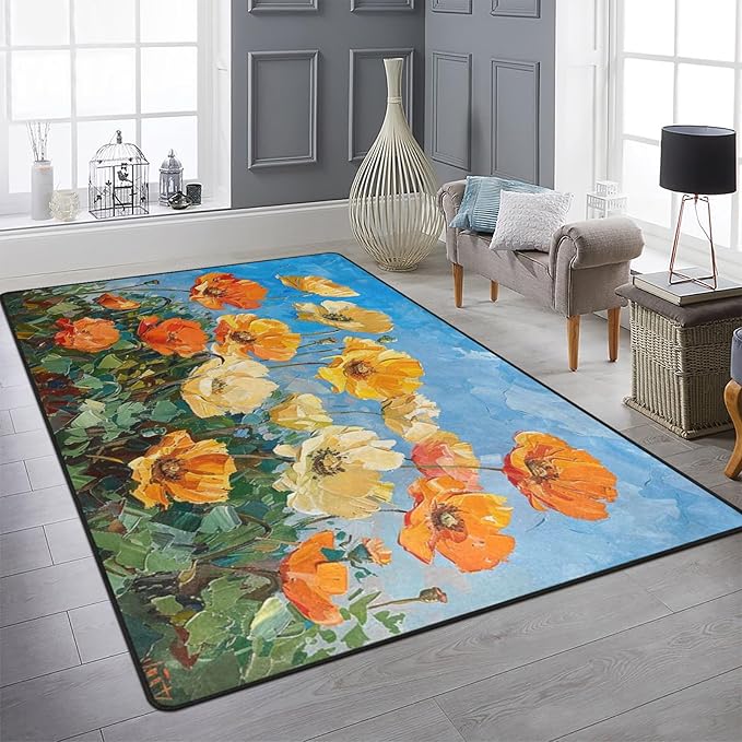 9CH Abstract Poppy Area Rug 7' X 5' Orange Yellow Poppies Rugs Non-Slip & Easy Care Flower Carpet for Living Room Kitchen Farmhouse Dorm Home Decor