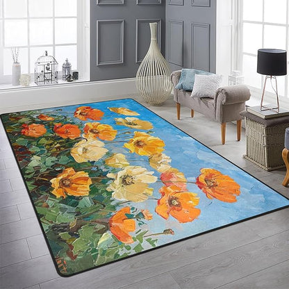 9CH Abstract Poppy Area Rug 7' X 5' Orange Yellow Poppies Rugs Non-Slip & Easy Care Flower Carpet for Living Room Kitchen Farmhouse Dorm Home Decor
