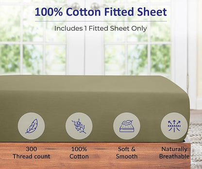 ROYALE LINENS 300 Thread Count 100% Long Staple Combed Cotton Fitted Sheet Full - Super Soft Deep Pocket Bottom Sheet - Fitted Sheets Only - Elastic Sheets (Full, Sage Green)