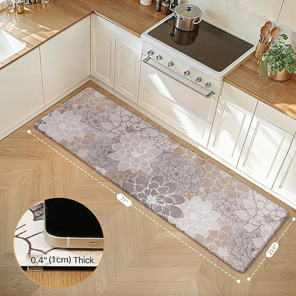 GENIMO Kitchen Mats for Floor, Kitchen Rugs Non Slip Washable, Waterproof Cushioned Anti Fatigue Mat, Floral Runner Rug for Laundry, Sink, Office, Home, 23.6"x71", Taupe Grey