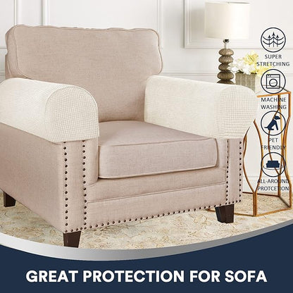 Stretch Sofa Armrest Covers Spandex Jacquard Arm Covers for Chairs and Sofas Anti-Slip Couch Armrest Covers with Sticker Furniture Armrest Protector for Sofa Couch Chair Recliner, Set of 2, Beige