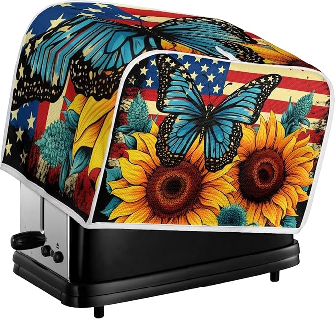 Sunflower Butterfly Print Toaster Cover 4 Slice American Flag Small Kitchen Appliance Cover, Washable Oven Protector Anti-dust Bread Maker Protector
