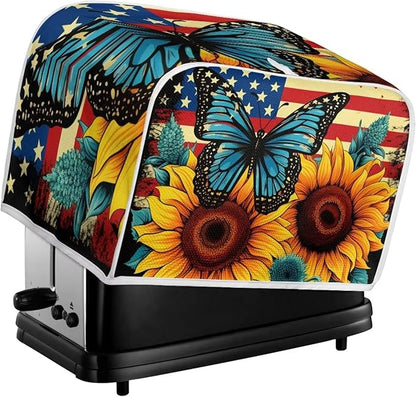 Sunflower Butterfly Print Toaster Cover 4 Slice American Flag Small Kitchen Appliance Cover, Washable Oven Protector Anti-dust Bread Maker Protector
