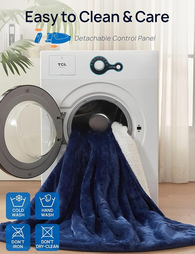 Westinghouse Electric Blanket with Foot Pocket for Adults, Ultra Soft Flannel to Sherpa Heated Throw with 6 Heating Levels & 2-10 Hours Time Settings, Fast Heating & Machine Washable, 50x62, Navy Blue