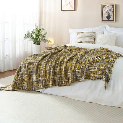 Multi-Color Gold Cable Knitted Throw Blanket for Couch,60"X80" Boho Style Textured Blankets for Home Decor,Super Soft Warm Cozy Chunky Knit Blanket with Decorative Tassels for Bed and Sofa