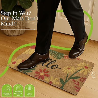 Coir Door Mats 17" X 30", Non-Slip Sturdy, PVC Backed Heavy Duty, Easy to Clean, Ideal for Door Entrance, Patio, Porch, Backyard, Garages, Vibrance of Flora - Hello