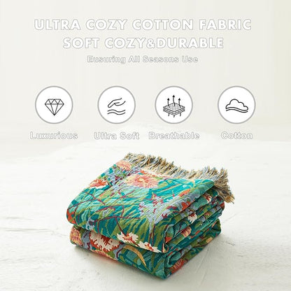 MSGKV Boho Throw Blanket 60"x80" Floral Blankets for Bed 100% Cotton Twin Size Couch Blanket Lightweight Farmhouse Muslin Breathable Home Decor All Seasons