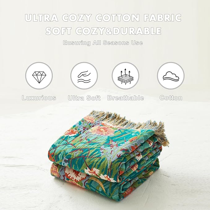 MSGKV Boho Throw Blanket 50"x60" Floral Blankets for Couch 100% Cotton Chair Sofa Throws Lightweight Farmhouse Muslin Breathable Bed Blankets Home Decor All Seasons