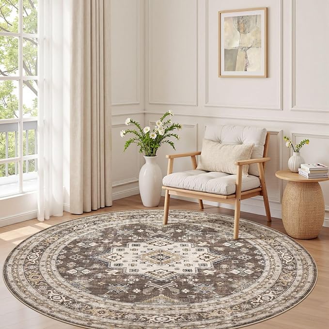 5ft Round Vintage Living Room Area Rug - 5x5 Large Soft Washable Oriental Traditional Distressed Farmhouse Rugs for Bedroom - Indoor Floor Accent Carpet for Home Office House Decor - Dark Brown