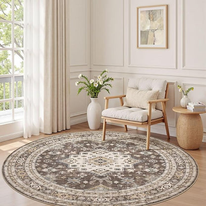 5ft Round Vintage Living Room Area Rug - 5x5 Large Soft Washable Oriental Traditional Distressed Farmhouse Rugs for Bedroom - Indoor Floor Accent Carpet for Home Office House Decor - Dark Brown