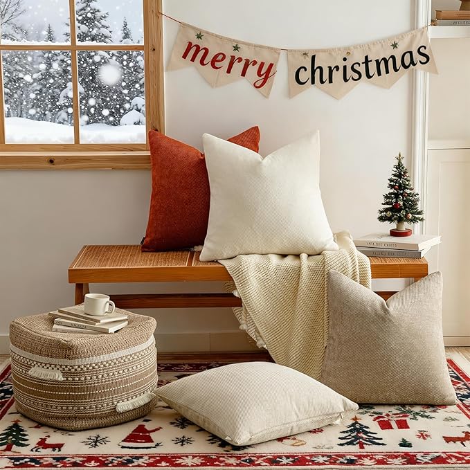 a moment Pack of 2 Decorative Christmas Chenille Throw Pillow Covers with Twill Cushion Covers for Sofa Living Room Couch Bed 12x20 Inch Rust
