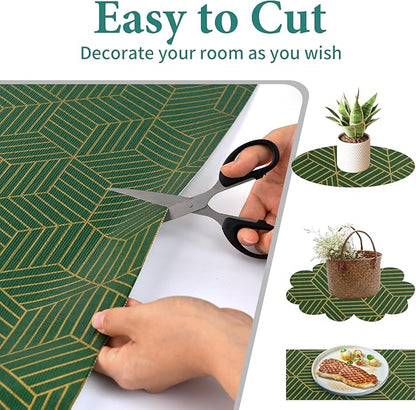 Shelf Liners for Kitchen Cabinets 17.5in x 30FT, Non Adhesive Cabinet Liner Strong Non-Slip Thickened Gold Green Geometric Drawer Liner, Easy to Clean for Shelf, Cabinet with Knife and Tape Measure
