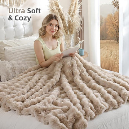 Smoofy Faux Fur Throw Blanket for Couch – Linen Fluffy Cozy Rabbit Fleece, Plush Soft Bubble Blanket for Sofa & Bed, for Mom, Warm Fuzzy Home Room Decor Throw 50" x 60"