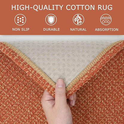 KOZYFLY Long Runners for Hallways 2x12 ft Washable Kitchen Runner Non Slip Rubber Backed Hallway Rugs Cotton Entryway Runner Rug Floor Carpet for Indoor Hall, Backdoor, Kitchen, Orange/Tan