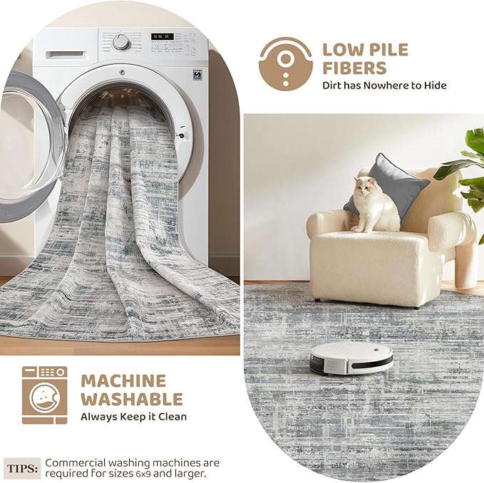 8ft Round Area Rug for Living Room: 8x8 Washable Neutral Abstract Modern Soft Rugs Non Slip Indoor Floor Stain Resistant Carpet for Bedroom Dining Room Office Nursery - Gray