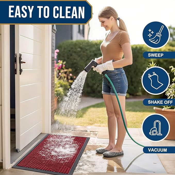 Smiry Front Door Mat Outside Entrance, Heavy Duty Sturdy Natural Rubber Doormat, Trap Dirt and Moisture, Easy Clean Low Profile Mats for Indoor Outdoor Entry, Irregular Triangle (36x24, Wine Red)