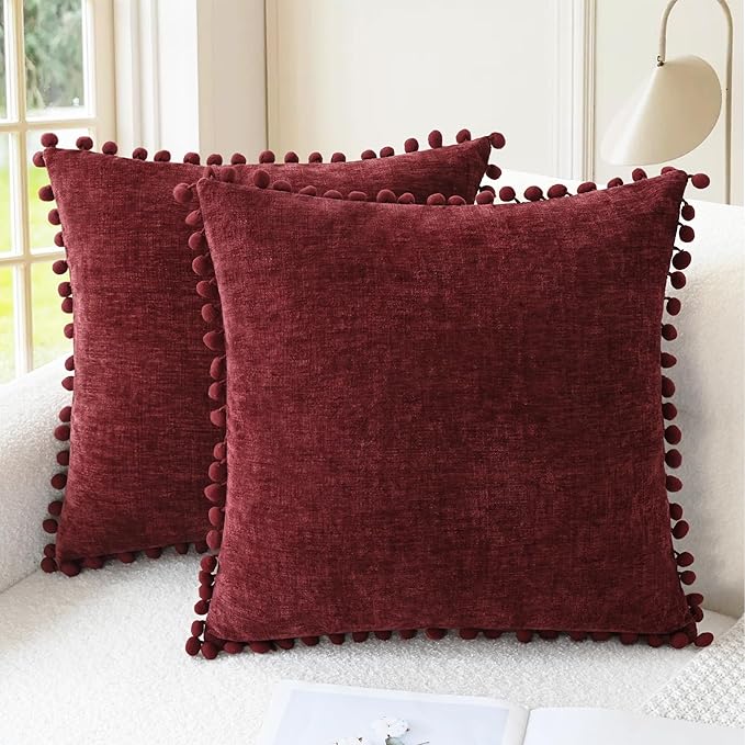CaliTime Christmas Throw Pillow Covers Decorative 18 X 18 Inches Pack of 2 Cozy Solid Dyed Soft Chenille Cushion Cases with Pom Poms for Couch Sofa Bed Living Room Home Burgundy