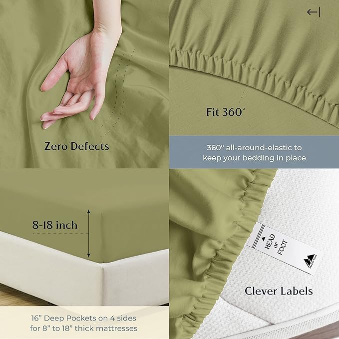 Mayfair Linen 500 Thread Count 100% Cotton Sheets King Size Bed Set - 4 PC King Bed Sheet Set Cotton (Sage Green), Soft, Cooling, Sateen 16" Deep Pocket Bedsheet for Hot Sleepers (Fits 18" Mattress)