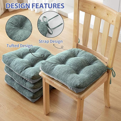 Chair Cushions for Dining Chairs Set of 4, Kitchen Chair Cushions, Chair Pads with Ties Non Slip Backing, Christmas Room Decor, Tufted Memory Foam Seat Cushion 4 Pack, 18"x18"x4", Sage Green