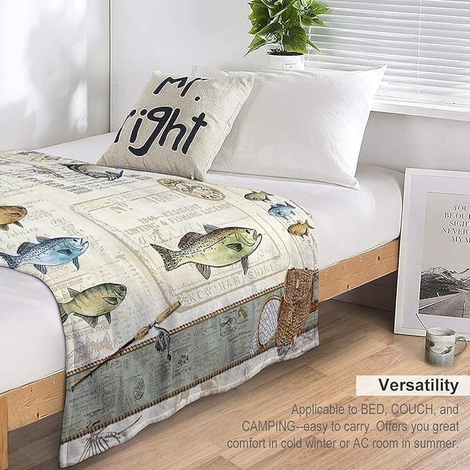 Fishing Blanket Fishing Gifts for Men Fish Throw Blanket Fishing Blanket for Kids Adults Soft Warm Cozy Fleece Blanket for Couch Sofa Bed 60"x80"
