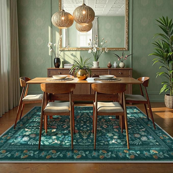 Lahome Floral Washable Rugs 9x12, Non-Slip Untra-Thin Soft Living Room Area Rugs, Vintage Botanical Print Low-Pile Carpet for Bedroom Dining Room Office, Dark Green