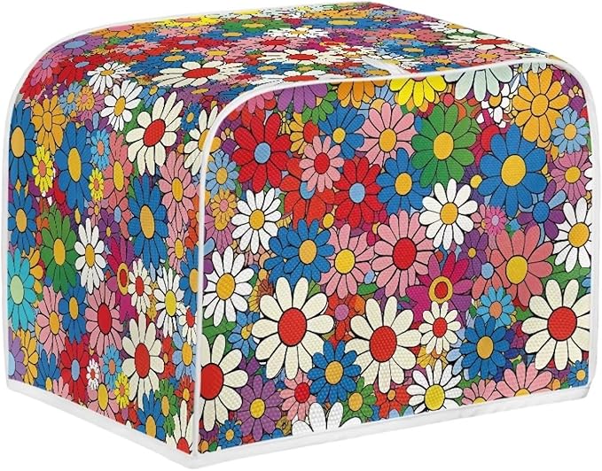 Daisy Flowers Printed Toaster Cover 4 Slice Wide Slot, Washable Kitchen Appliance Small Oven Bakeware Protector, Bread Maker Cover Dust and Fingerprint Protection