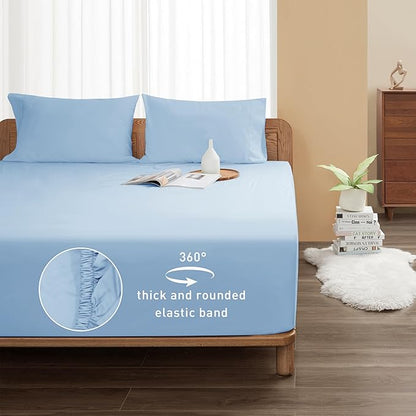 Sunflower Twin Fitted Sheet, 1-Piece Deep Pocket Fitted Bottom Sheet 15", 100% Cotton Sateen Soft Breathable, Powder Blue