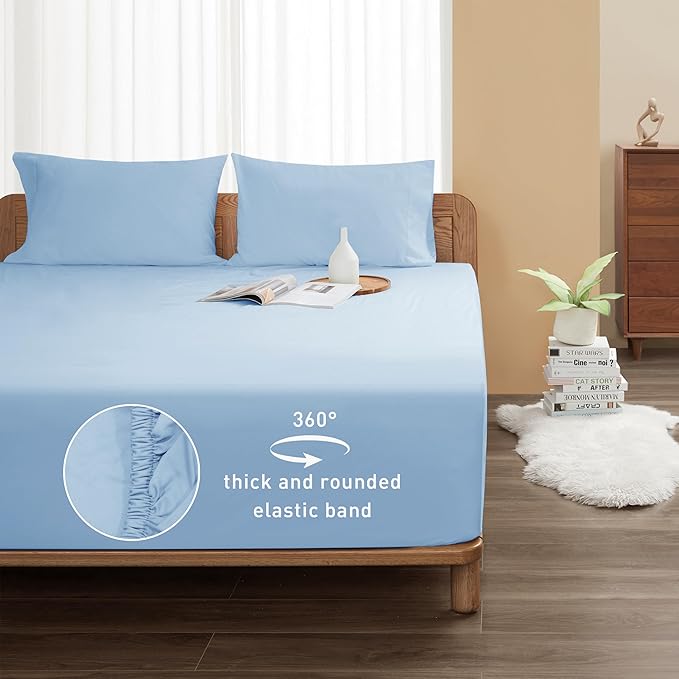 Sunflower King Fitted Sheet, 1-Piece Extra Deep Pocket Fitted Bottom Sheet 19", 100% Cotton Sateen Soft Breathable, Powder Blue