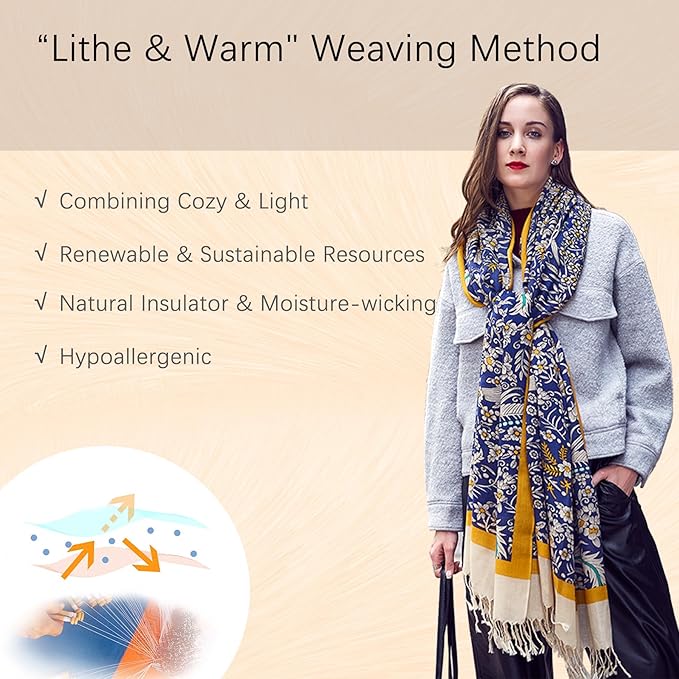 DANA XU 100% Merino Wool Pashmina Shawl for Women 96"x43", Oversized Cashmere Wrap with Tassels, Floral Travel Blanket Cape