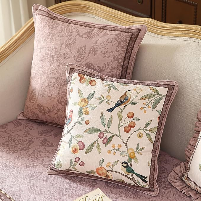 Throw Pillow Covers Pack of 2,Pink Farmhouse with Birds and Flowers Pattern Cozy Velvet Pillowcases,Decoration Square Pillows Cushion Covers for Couch Sofa Bed Car Chair,18"x18"