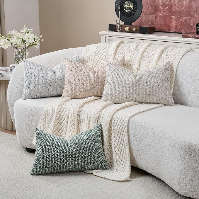 Striped Throw Pillow Covers 12x20 Set of 2 Beige Textured Boucle Chic Morden Boho Accent Farmhouse Rectangular Lumbar Decorative Couch Pillow Covers for Home Decor Bed Sofa Living Room