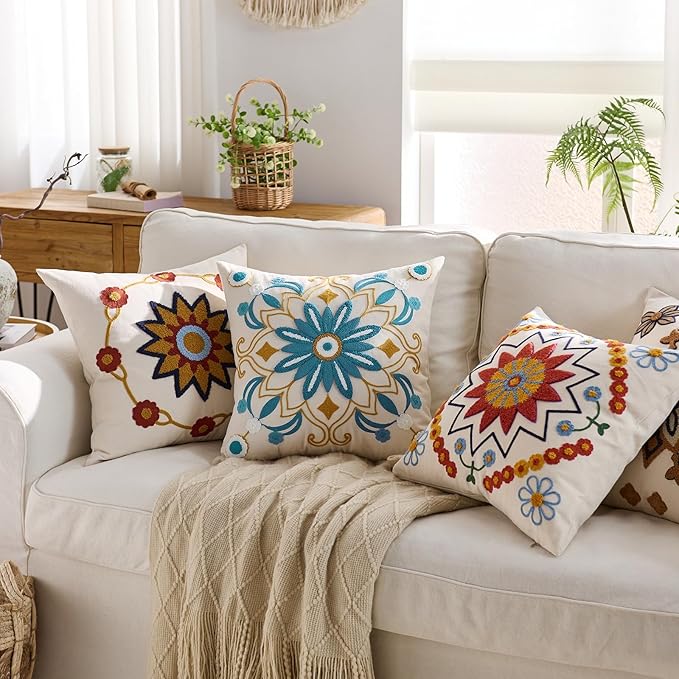 Embroidered Throw Pillow Cover 18x18 Classic Boho Floral Pattern Pillows Cover Outdoor Decorative Pillowcase,Durable Cozy Textured Cushion Case for Sofa Couch Bed Living Room,Teal
