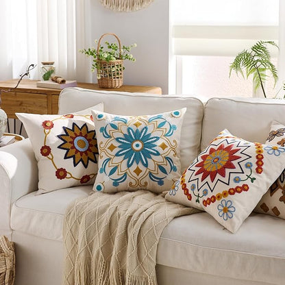 Embroidered Throw Pillow Cover 20x20 Classic Boho Floral Pattern Pillows Cover Outdoor Decorative Pillowcase,Durable Cozy Textured Cushion Case for Sofa Couch Bed Living Room,Teal