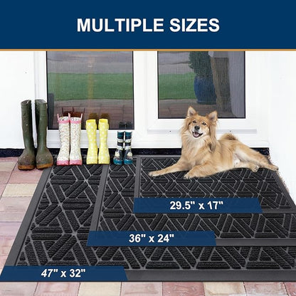 Smiry Front Door Mat Outside Entrance, Heavy Duty Sturdy Natural Rubber Doormat, Trap Dirt and Moisture, Easy Clean Low Profile Mats for Indoor Outdoor Entry, Grid Geometric (59x35, Black)