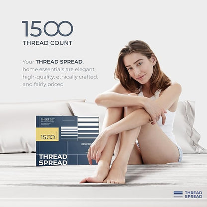 THREAD SPREAD 100% Egyptian Cotton Sheets Queen Size Bed Set - 4 PC 1500 Luxury High Thread Count Light Grey Egyptian Cotton Queen Bed Sheets, Soft, Cooling, Sateen Weave, 17" Deep Pocket Bedsheet