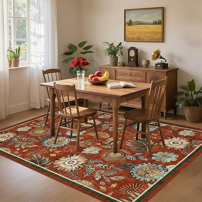 GarveeHome 4x6 Floral Washable Area Rug: Large Living Room Area Rug with Non-Slip Backing Washable Ultra Soft Bedroom Floral Carpet Indoor Stain Resistant Carpet for Dining Room 4 * 6 ft Brick Red