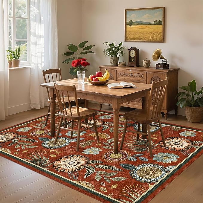 GarveeHome 5x7 Floral Washable Area Rug: Large Living Room Area Rug with Non-Slip Backing Washable Ultra Soft Bedroom Floral Carpet Indoor Stain Resistant Carpet for Dining Room 5 * 7 ft Brick Red