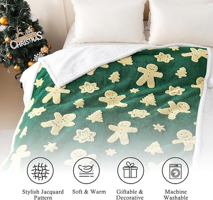 SOCHOW Christmas Gingerbread Holiday Jacquard Sherpa Fleece Throw Blanket, Fuzzy Warm Super Soft Reversible Plush Blanket for Bed, Sofa and Couch, 50 x 60 inches, Green