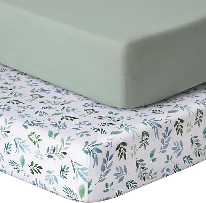 Pack and Play Sheets Fitted, 2 Pack Pack n Play Sheets for Graco Pack n Play Mattress, Unisex Playard Sheets for Boys Girls(Leaf & Green, 38 X 26 Inch)