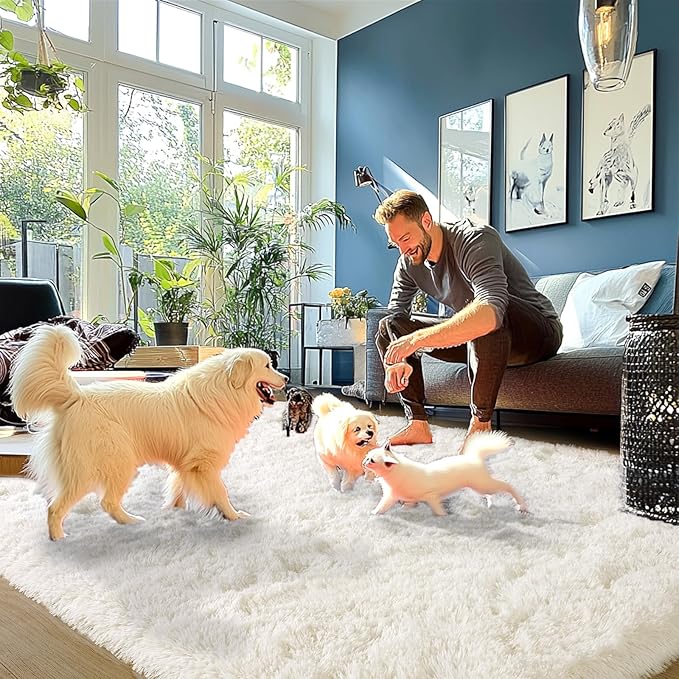 Cream White Plush Rug for Living Room Fuzzy Carpet for Bedroom Dorm, Non-Slip High Pile Rug, Shag Rug for Playroom Nursery Home Office Decor 4X6 Ft